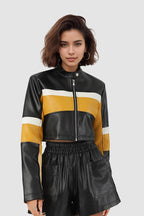 Colorblock PU Cropped Jacket Yellow / S