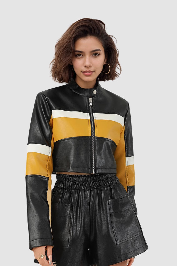 Colorblock PU Cropped Jacket Yellow / S