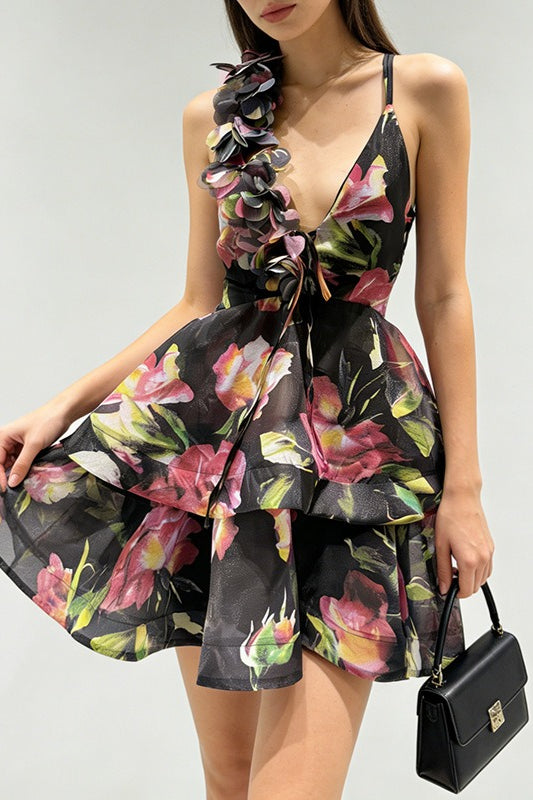 Corset Deep V Tiered 3D Floral Dress Secondary image