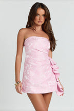 Jacquard Ruffle Strapless Cocktail Dress