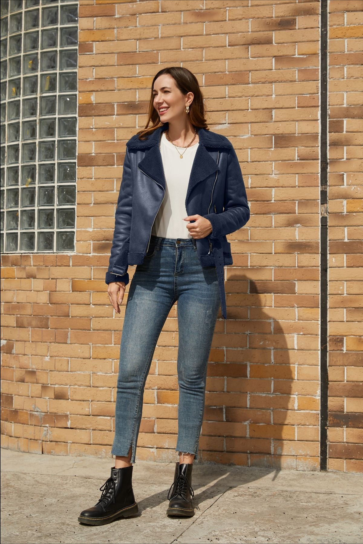 Shearling Lined Belted Suede Jacket S / Blue