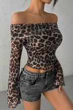 Leopard Print Off Shoulder Long Sleeve Tee