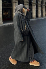 Wool Stripe Notch Collar Long Overcoat