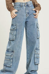 Vintage Washed Wide Leg Cargo Jeans Blue / S