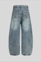 Gold Script Embroidered Barrel Leg Jeans