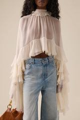 Chiffon Tiered Ruffle Long Sleeve Crop Blouse