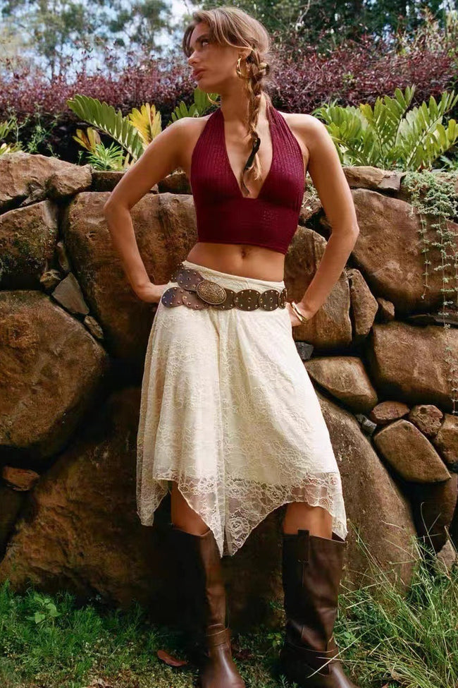 Asymmetrical Hem Lace Detail Midi Skirt Main image