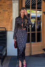 Button Front Floral Long Sleeve Blouse Skirt Set