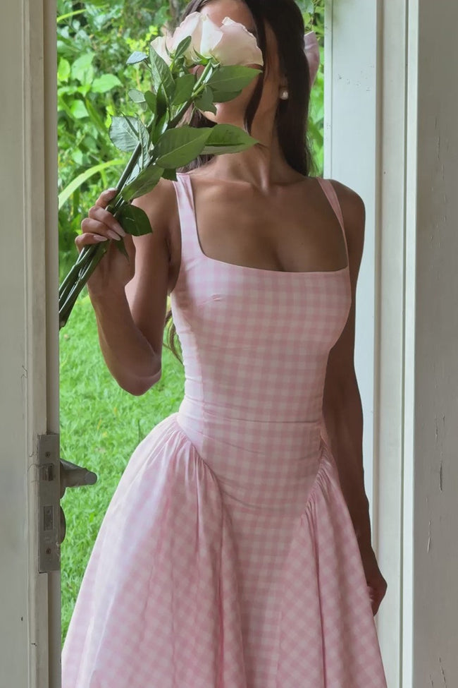 Plaid Printed Ruched Backless Spaghetti Strap Prom Dress Main image