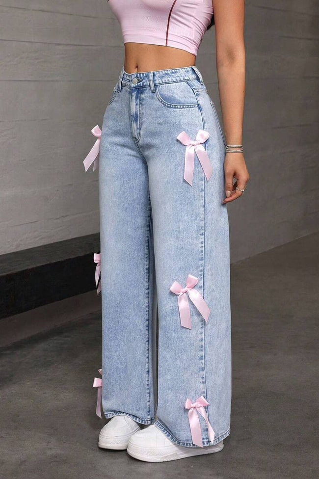 Y2K Bow Applique Washed Relaxed Jeans Main image