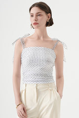 Polka Dot Halter Cropped Ruched Tie Front Tank Top