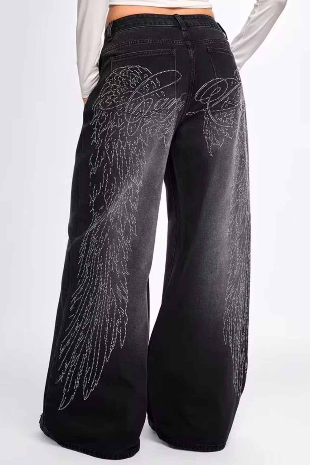 Wing Graphic Rhinestone Wide Leg Jeans