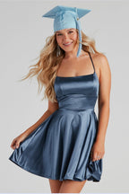 Satin Square Neck Lace Up Cocktail Dress