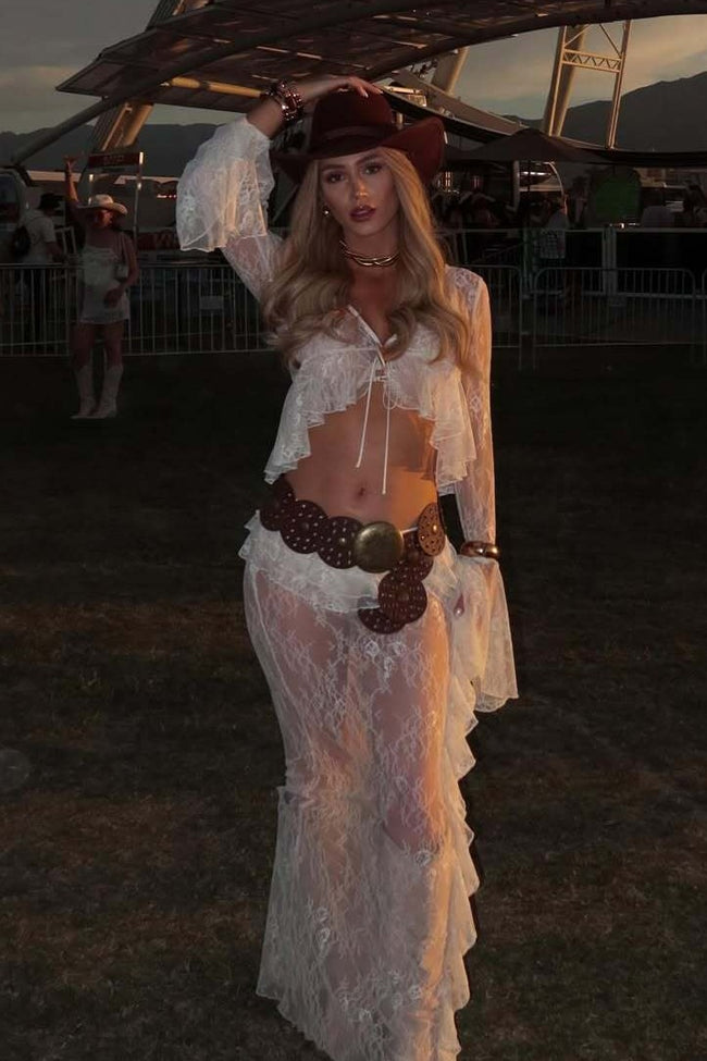 Ruffle Lace Sheer Bell Sleeve Boho Skirt Set Main image