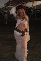 Ruffle Lace Sheer Bell Sleeve Boho Skirt Set