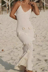 Vintage Red Maxi Crochet V Neck Fitted Camisole Sweater Dress