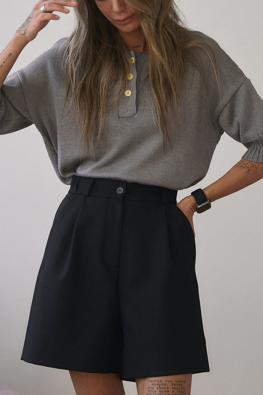 Loose Fit Buttoned Knit Polo Sweater S / Grey