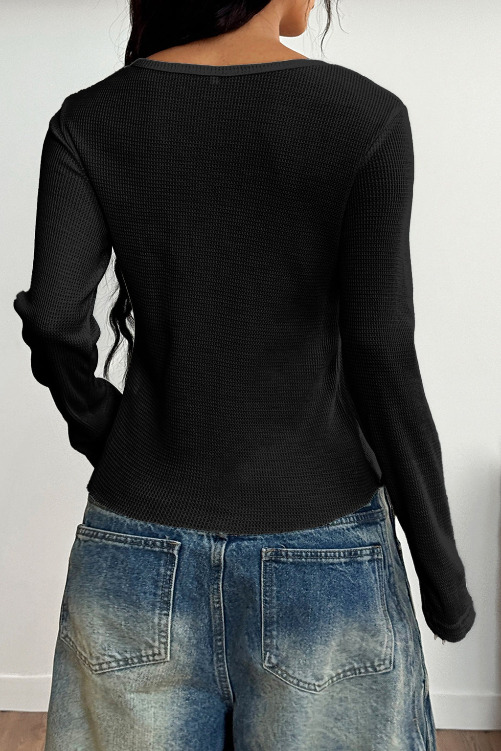 Button-Front Long Sleeve Knit Top