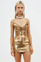 Gold Sequin Cowl Back Cocktail Dress
