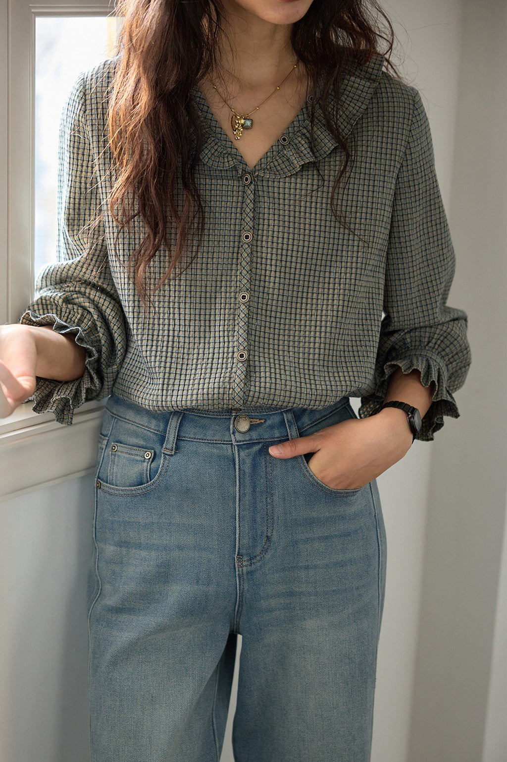 V Neck Ruffle Checkered Blouse