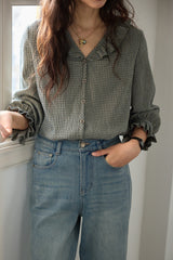 V Neck Ruffle Checkered Blouse