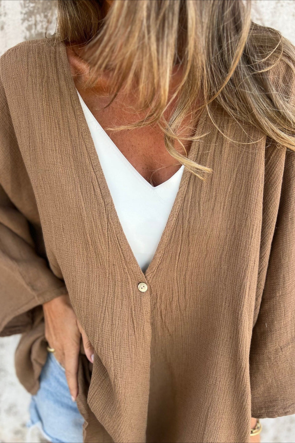 Loose Fit V Neck Long Sleeve Cardigan Brown / S