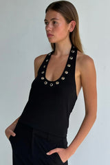 Metal Ring Cut Out Halter Sexy Fitted Tank Top