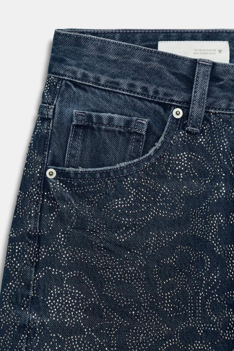 Low Rise Wide Leg Rhinestone Embellished Jeans
