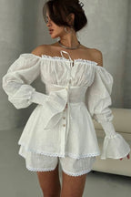 Lantern Sleeve Lace Up Off Shoulder Top Two Piece Shorts Set