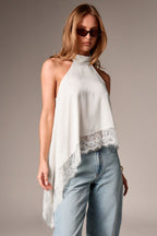 Lace Trim Asymmetric Hem Halter Top