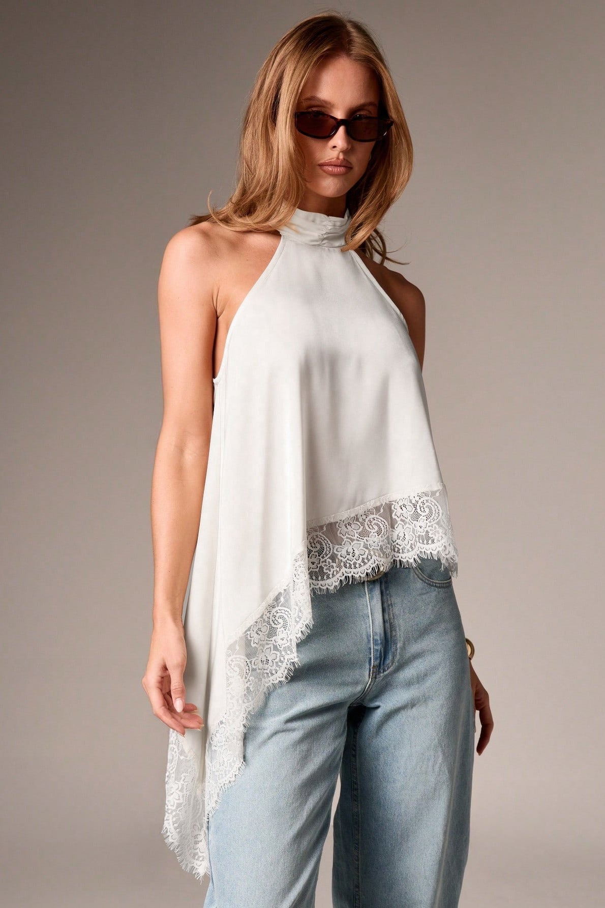 Lace Trim Asymmetric Hem Halter Top