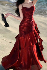 Satin Ruffle Trim Party Dress S / Red