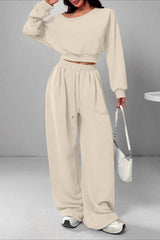Casual Ribbed Off Shoulder Crop Sweatshirt Pants Set