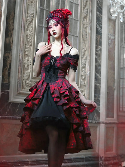 Japanese Lolita Court Style Red Black Off-Shoulder Gothic Wave High-Waist Halloween Autumn Party Dark Dress