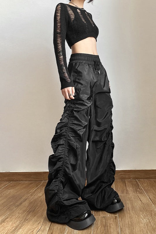 Ruched Wide Leg Drawstring Streetwear Pants
