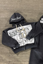 Newspaper Print Washed Embroidered Hoodie