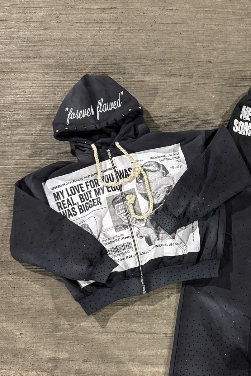 Newspaper Print Washed Embroidered Hoodie