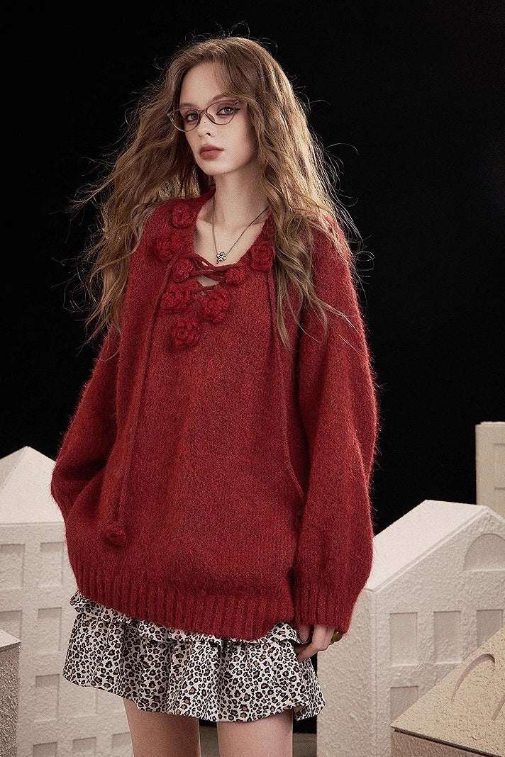 Embroidered Rose V Neck Knit Sweater