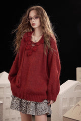 Embroidered Rose V Neck Knit Sweater