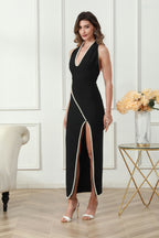 Pearl Embellished Halter Neck Formal Dress XS / Black