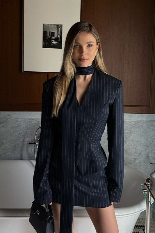 V Neck Striped Scarf Two Piece Blazer Skirt Set Main image