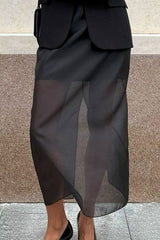 Double Layer Sheer Black High Slit Bodycon Skirt