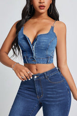 Denim Spaghetti Strap Deep V Crop Top