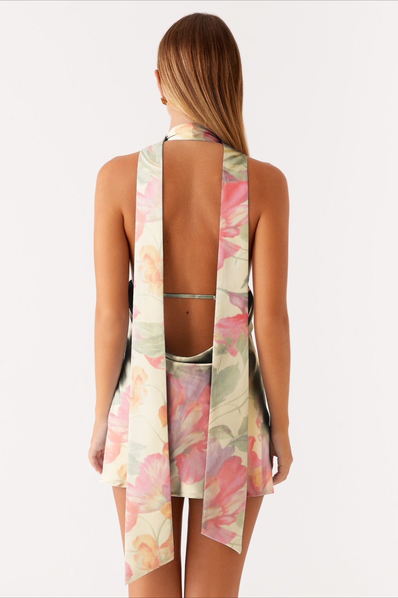 Deep V Neck Backless Tie Detail Mini Floral Dress Secondary image