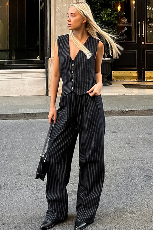High Waist Striped V Neck Two Piece Vest Pants Set Main image