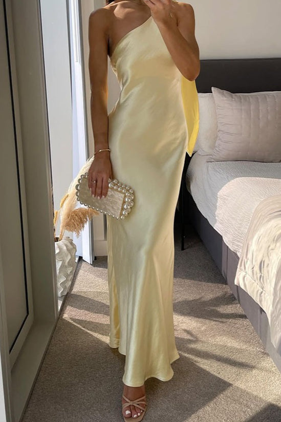 Solid Asymmetrical Shoulder Tie Waist Sleeveless Slim Fit Prom Dress Main image