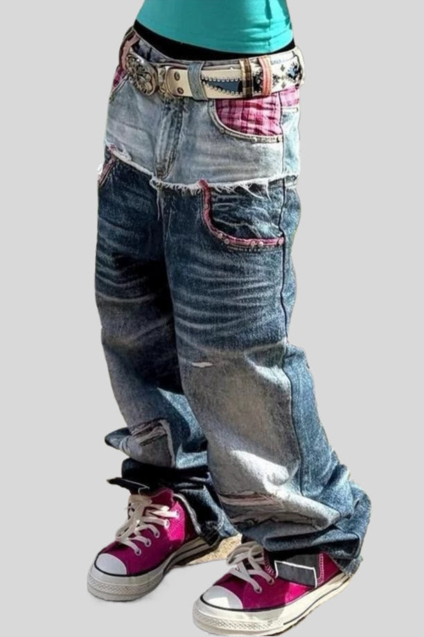 Plaid Panel Wide Leg Washed Jeans Main image