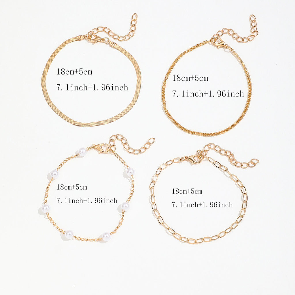 4-Piece Bohemian Paperclip Faux Pearl Snake Chain Bracelet Set