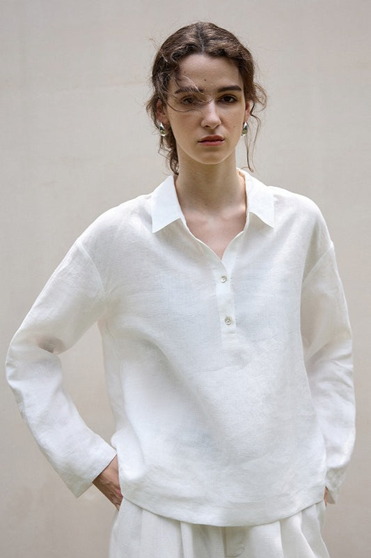 Linen Polo Collar Relaxed Blouse Secondary image