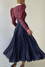 Contrast Collar Long Sleeve A Line Floral Dress